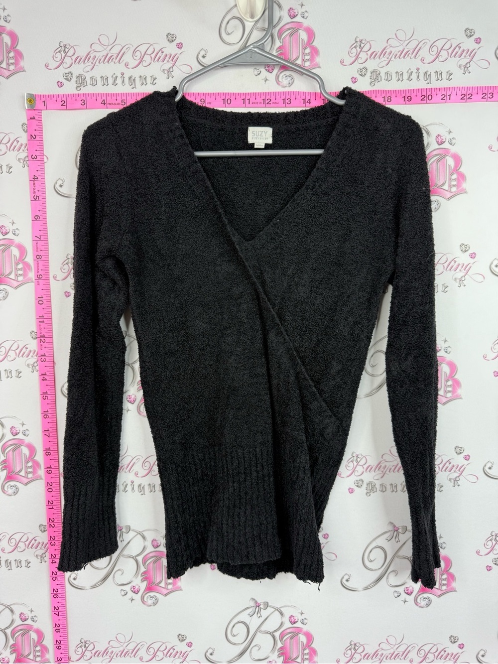 Suzy Shier baby fur top y2k sooo soft Black Wrap-Style V-Neck Sweater